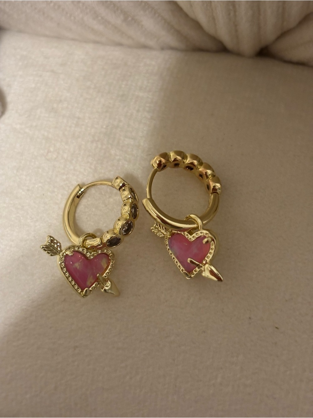 Gold Hoop Earrings with Pink Heart Arrow Charms